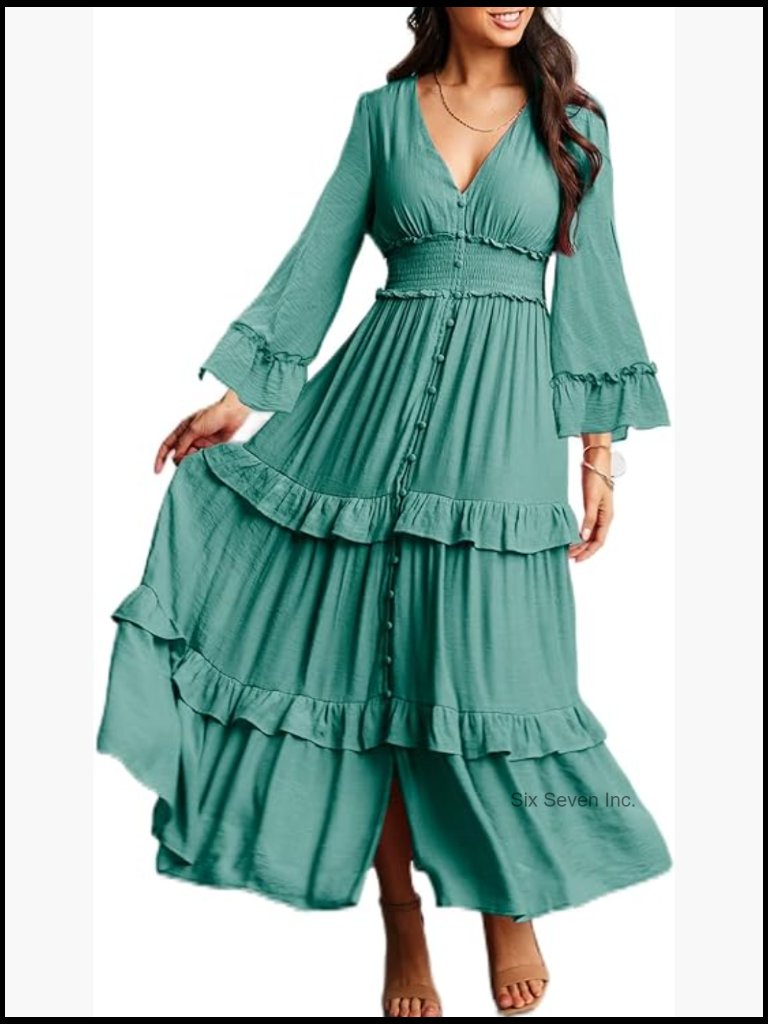V Neck Long Sleeve Boho Maxi Dress With Ruffle Tiered Detail